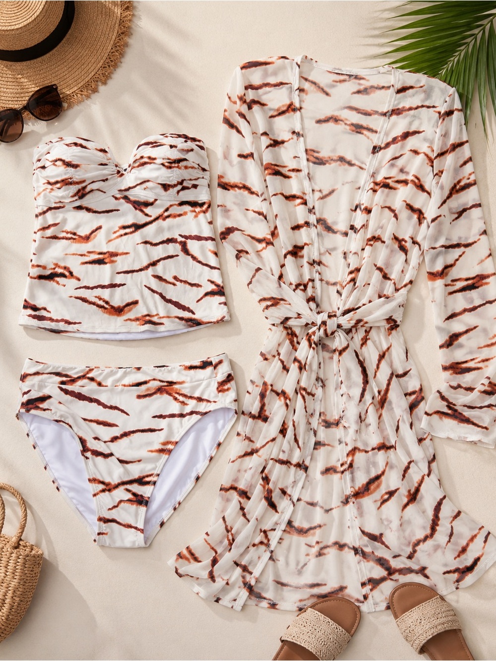 NWT - 3 Peice Swim Set - White and Brown Tiger Tankini